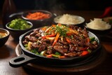 Sizzling Plate of Bulgogi (marinated beef) with Vibrant Vegetables, Generative AI