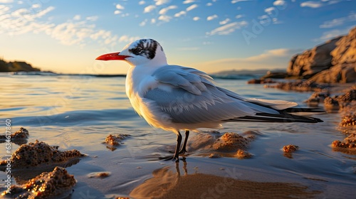 : Majestic Royal Tern Bird Standing on Beach, Close-Up View, Elegant Wildlife, Coastal Environment, Graceful Features, Natural Habitat, Serene Seascape, Detailed Plumage, Soft Sunlight
