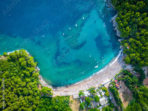 Luchica Beach Aerial View in Petrovac na Moru. Beaches and coastline of the Adriatic Sea at summer time. Natural landscapes of Montenegro. Balkans. Europe.  photo