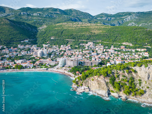 Petrovac na Moru Aerial View. Beaches and coastline of the Adriatic Sea at summer time. Natural landscapes of Montenegro. Balkans. Europe. photo