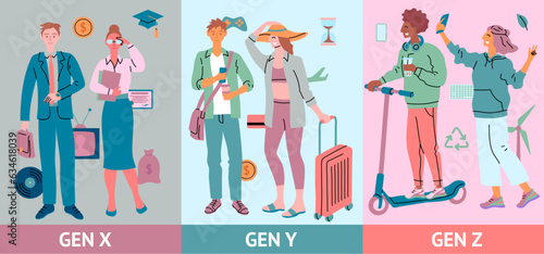 Cartoon Color Characters People Generations Generation X, Y or Millennial and Z Concept Flat Design Style. Vector illustration