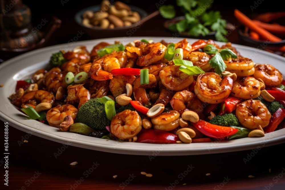 Scrumptious Plate of Kung Pao Shrimp with Crunchy Peanuts and Vegetables, Generative AI