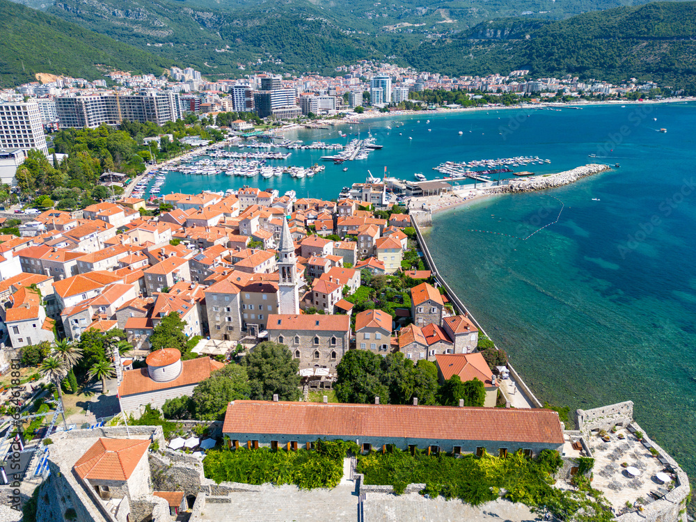 City of Budva in Montenegro. Aerial view of Old Town. Popular tourist destination in Montenegro. Balkans. Europe.