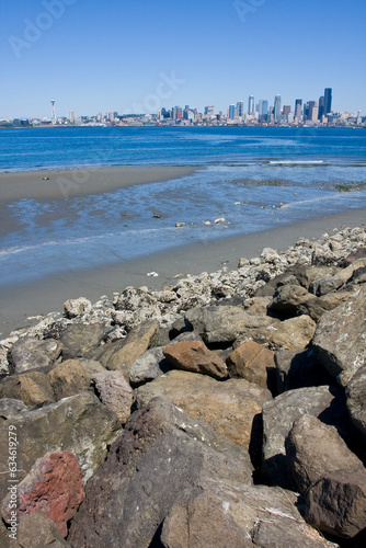 Serene Coastal Beauty with Clear Sky and Views of Puget Sound and Seattle from Alki Beach