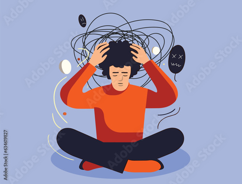 Frustrated man with nervous problem feel anxiety and confusion of thoughts. Vector flat illustration. Mental disorder and chaos in consciousness.