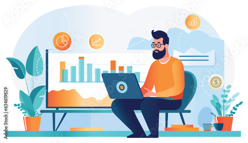 Data analysis to increase sales and revenue. Flat line vector illustration of cute man sitting with laptop and working with growing graph. Business data analytics concept isolated.