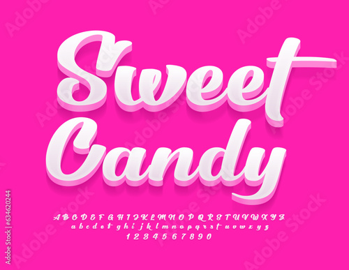 Vector creative banner Sweet Candy. Calligraphy White Font. Beautiful 3D Alphabet Letters, Numbers and Symbols set