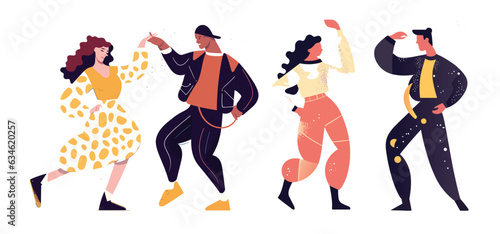 Happy joyful people dancing set. Having fun, rejoicing, dancing, fooling around with positive emotions. Cheerful young men and women. Flat vector illustration isolated on white background..