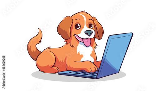 Dog with laptop. Cute funny puppy surf in internet. Happy doggy online at notebook computer. PC user. Canine animal, pup shopping. Flat vector illustration. Technology.
