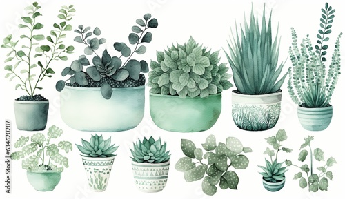 set of potted plants, watercolor style Generative AI