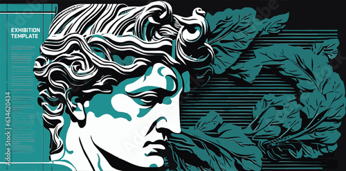Exhibition poster or banner template. Art objects. Classical and contemporary painting, sculpture and music. Plaster bust, statues and abstract shapes, spots and lines. Vector.