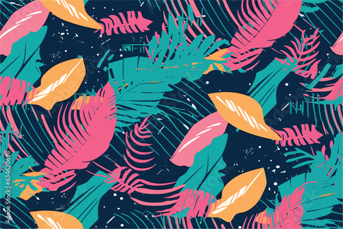 Retrowave exotic leaves summer funky shirt seamless pattern. 80s 90s pop art memphis style. Miami or Hawaii style. Expressive ornament for textile, wrapping. Vector.