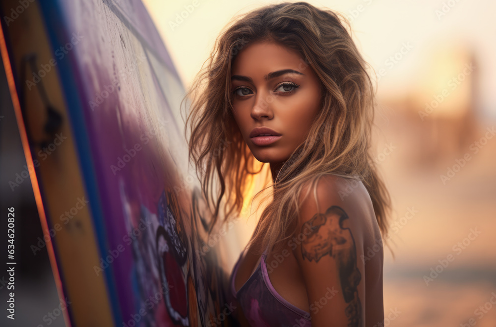 Sexy young woman leaning on a surfboard at the beach. Generative AI. Sexy young woman leaning on a surfboard at the beach. Generative AI.