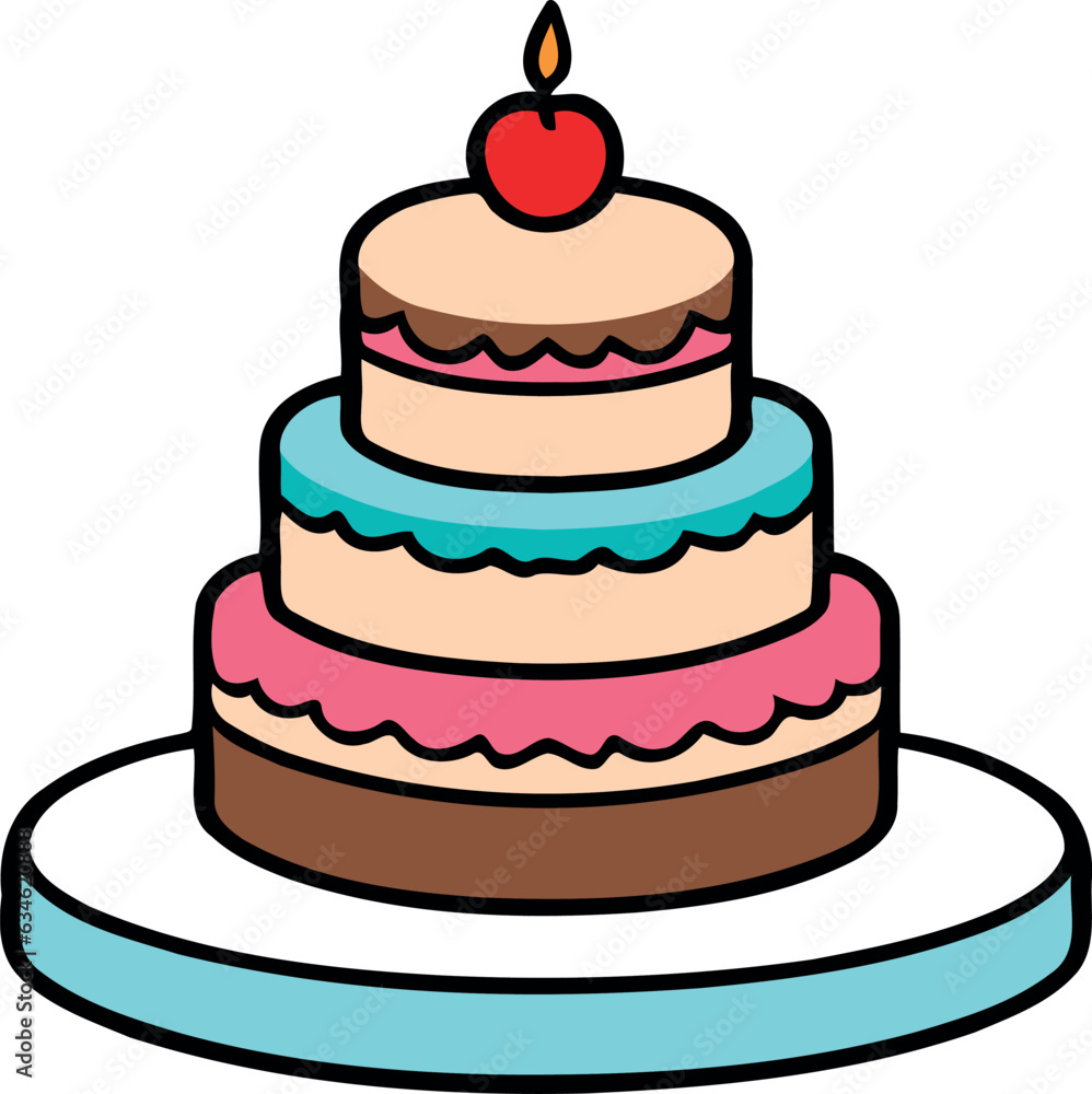 Birthday, wedding, tart cake with candle in flat color vector design in white background