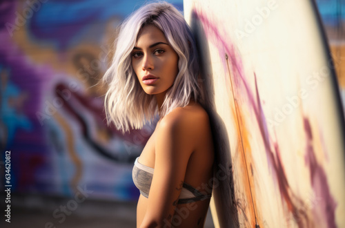 Sexy young woman leaning on a surfboard at the beach. Generative AI. © JuanM