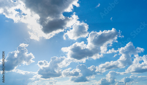 Blue Sky with White Clouds, Sunny Cloudy Sky Texture Background, Fluffy Clouds Pattern, Sunny Cumulus