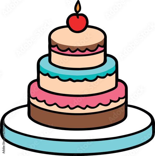 Birthday  wedding  tart cake with candle in flat color vector design in white background