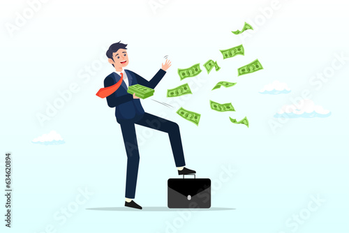 Happy businessman millionaire throw out pile of money banknotes flying into the air, success and wealthy fortune entrepreneur, investment profit and earning, FED stimulus monetary policy (Vector)