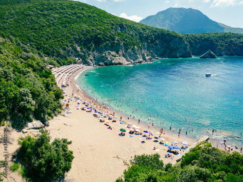 Queen's Beach ( Kraljichina Beach ) in Canj, Montenegro. Aerial view of paradise tropical beach, surrounded by green hills. Montenegro. Balkans. Europe.