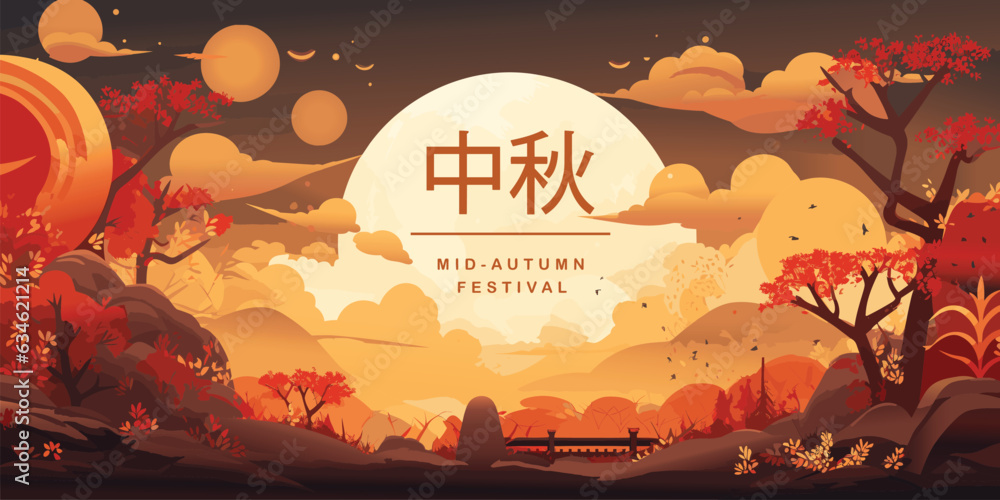 Mid autumn festival greeting card with moon, lantern on pastel background. Chinese translate : Mid Autumn. Chuseok. Flat Vector Illustration.