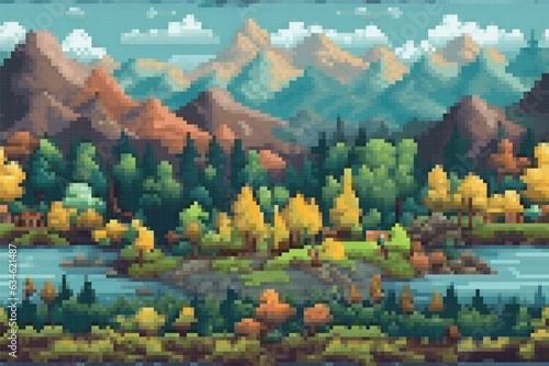 Pixel art seamless background. Location with mountains, grass and clouds. Game level design. Vector.