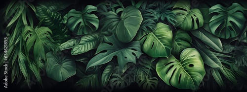 Tropical leaves background, banner with green floral pattern, generative AI.