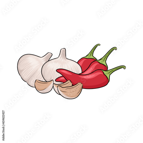 Red chili pepper and garlic isolated on white background