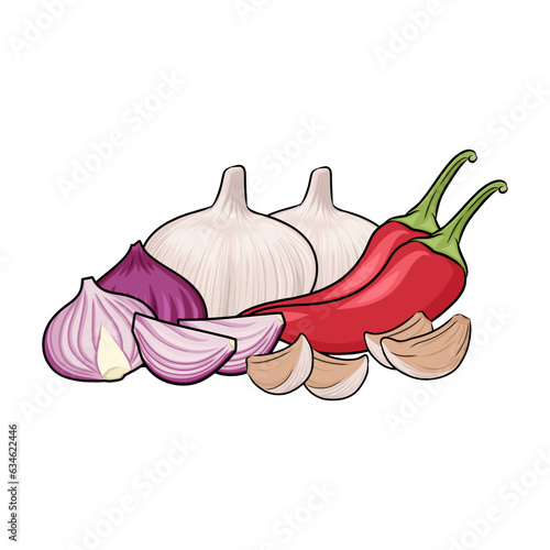 Red chili, garlic and onions isolated on white background