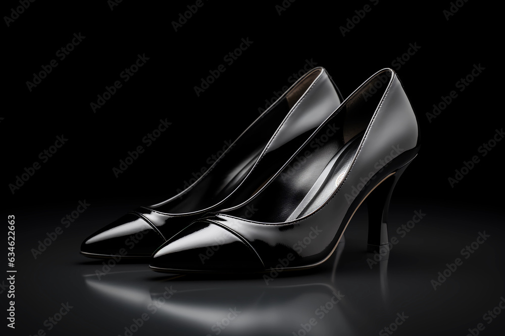 Elegant black women's shoes on a black background. Elegant black women's shoes on a black background.