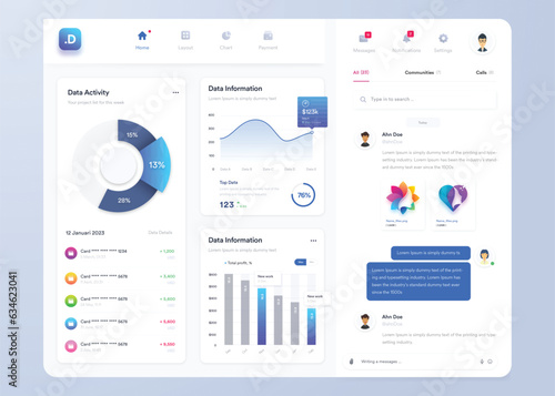 Infographic dashboard. UI UX design with graphs, charts and diagrams. Web interface template for business presentation