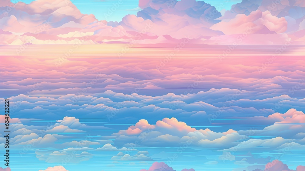 Seamless texture - pastel color early morning sunrise cloudscape over ocean horizon of blue, pink and orange hues - generative AI