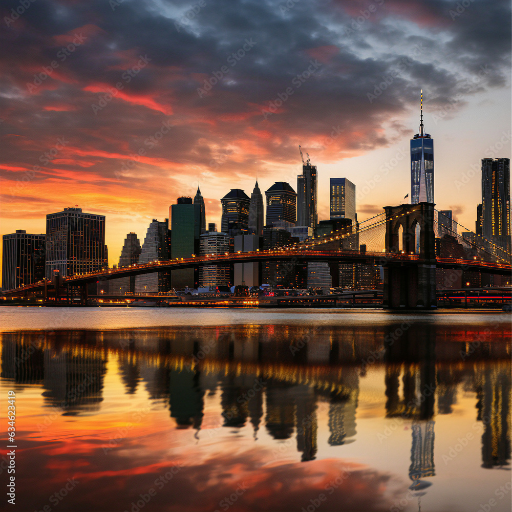 the New York City skyline as the sun sets,