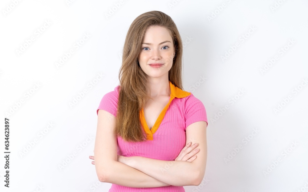 Dreamy rest relaxed Young woman wearing pink dress crossing arms, Dreamy rest relaxed Young woman wearing pink dress crossing arms,