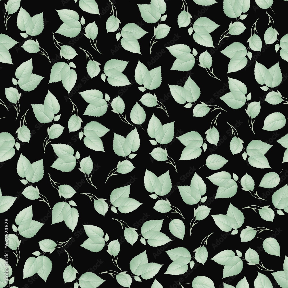 Naklejka premium Liana spreads green leaves creeper seamless pattern background on black