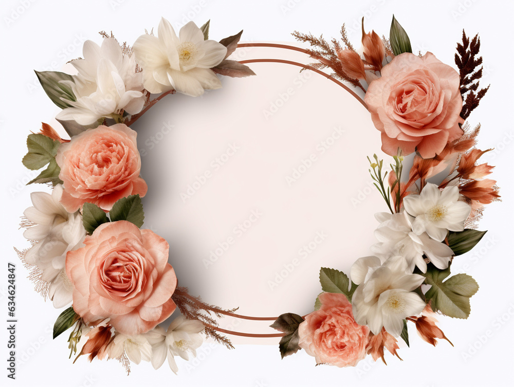 Sepia wild rose vintage floral circle frame in watercolor style on white background. Template for Text generative AI photo