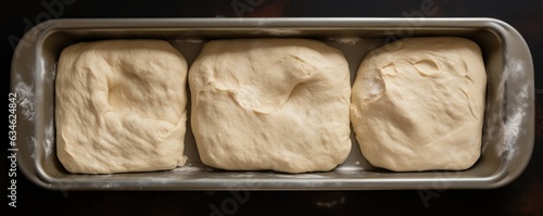 Raw bread dough shaped and placed in a bread pan. Generative AI.