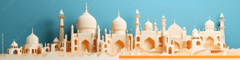 Islamic Eid Mubarak background, Ramadan Kareem, mosque, moon, lantern. Paper art style