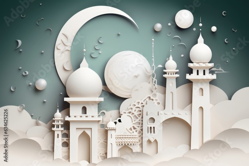 Islamic Eid Mubarak background, Ramadan Kareem, mosque, moon, lantern. Paper art style photo