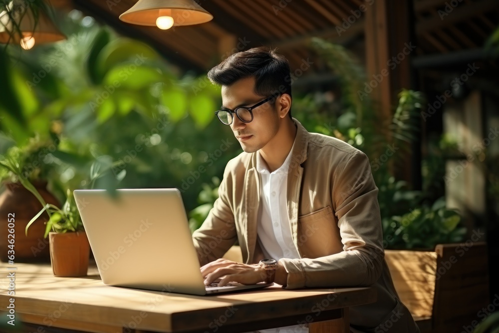 Asian man working with his laptop in traditional teakwood office. Generative AI. Asian man working with his laptop in traditional teakwood office. Generative AI.