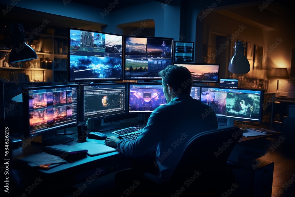 Movie Editing Process With Screens And Equipment, Generative AI Movie Editing Process With Screens And Equipment, Generative AI