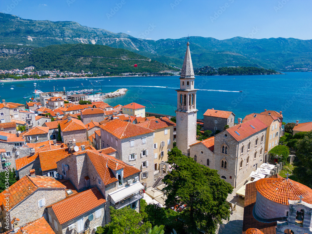 City of Budva in Montenegro. Aerial view of Old Town. Popular tourist destination in Montenegro. Balkans. Europe.