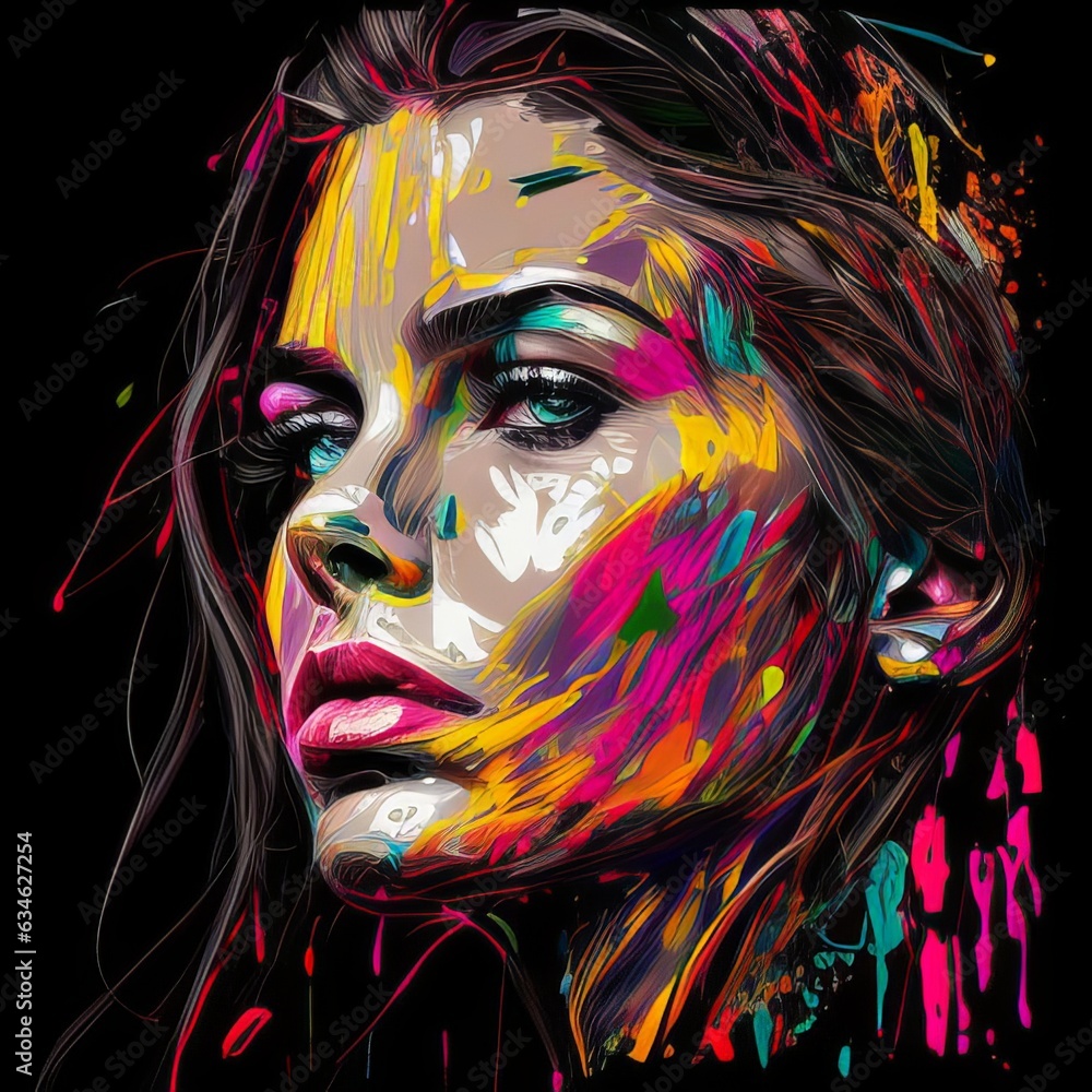 Sensual woman with a wet face sketch in charcoal, combined with pop art style and infused with paint featuring fluorescent colors