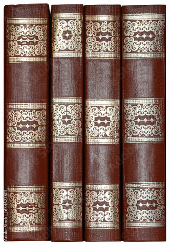A row of antique leather books with gilded pattern, isolated on a white background