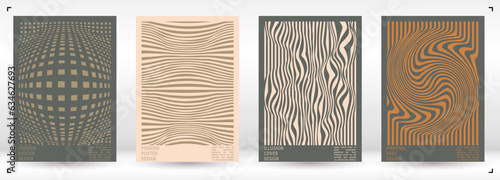 Geometrical Poster Design with Optical Illusion Effect.  Modern Psychedelic Cover Page Collection. Pastel Wave Lines Background. Fluid Stripes Art. Swiss Design. Vector Illustration for Brochure.
