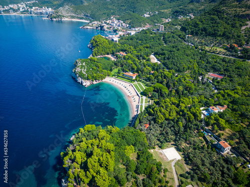 Queen's Beach in Milocer, Montenegro. Aerial view of sea waves and coast, Montenegro. Balkans. Europe.
