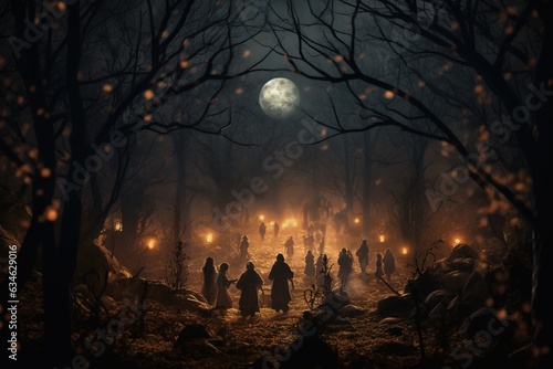 A misty forest with faint outlines of children in vintage costumes trick - or - treating under a glowing full moon - halloween theme