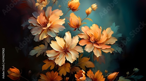 Abstract painting of orange blue and golden Dahlia flowers on dark background . Art painting for wall frames. Ai generative.