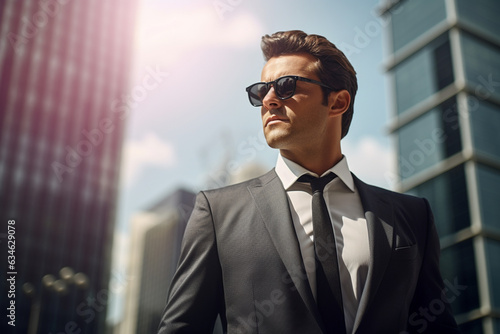 man walking through the city looking at the sky, business suit, sunglasses, professional look, hyper realistic. clear sharp business success concept. AI generated illustration