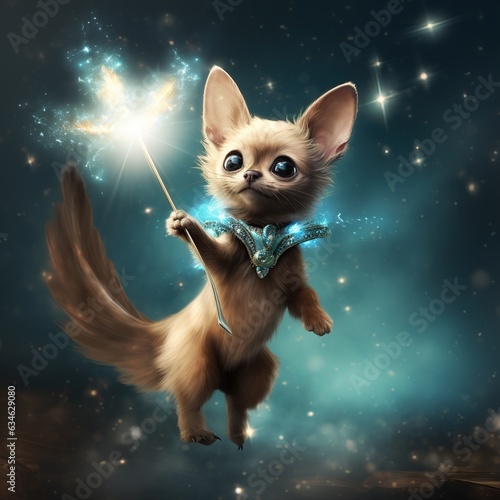 A magical dog puppy floating in the air casting a 'spell' with a tiny wand surrounded by sparkles - halloween theme © EOL STUDIOS