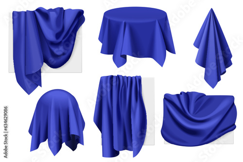 Dark blue fabric covers on objects with drapery set vector illustration. 3D realistic isolated drape in cloth on secret sphere and round table, paintings or advertising frame hidden with satin blanket
